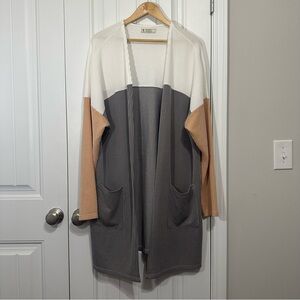 Colorblock Open-Front Long Cardigan in Cream, Gray & Tan